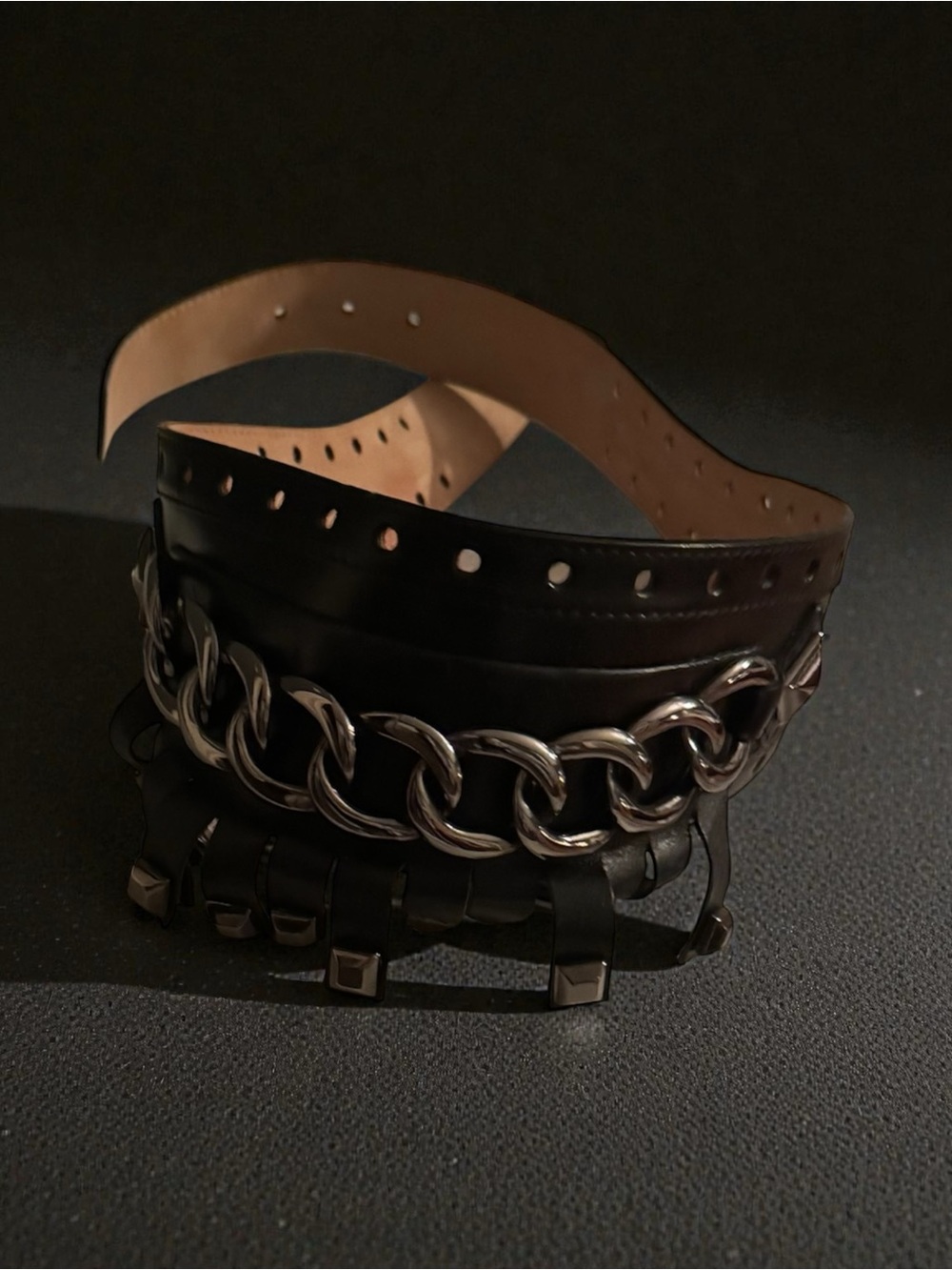Michael Kors Black Leather Belt with Silver Chain Accent